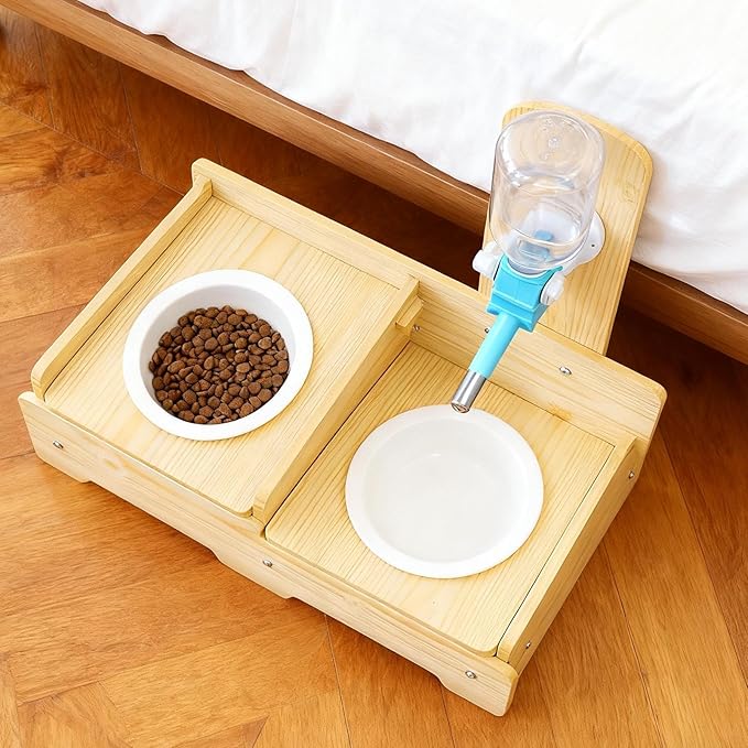 Pet Water Bowl Stand - Adjustable Wooden Dog and Cat Dispenser with 2 Stainless Steel Bowls | Indoor Outdoor Feeding Station for Puppies, Kittens, Small and Medium Pets, Apartment, Balcony, Garden, Ho