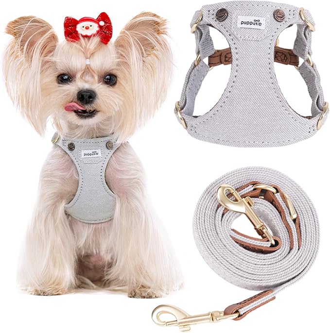 Puppytie No Pull Dog Harness with Multifunction Dog Leash,Soft Adjustable No Choke Escape Proof Pet Harness Vest for Medium Dogs,Denim Gray,M