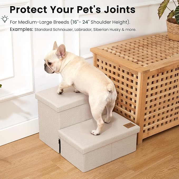 Love's cabin Dog Stairs with Storage 13" H,Foldable Pet Stairs for Small Medium or Large Dogs,Cat Puppy Steps Ramp with Zip up to 150 lbs(Beige,2 Steps no Condo)