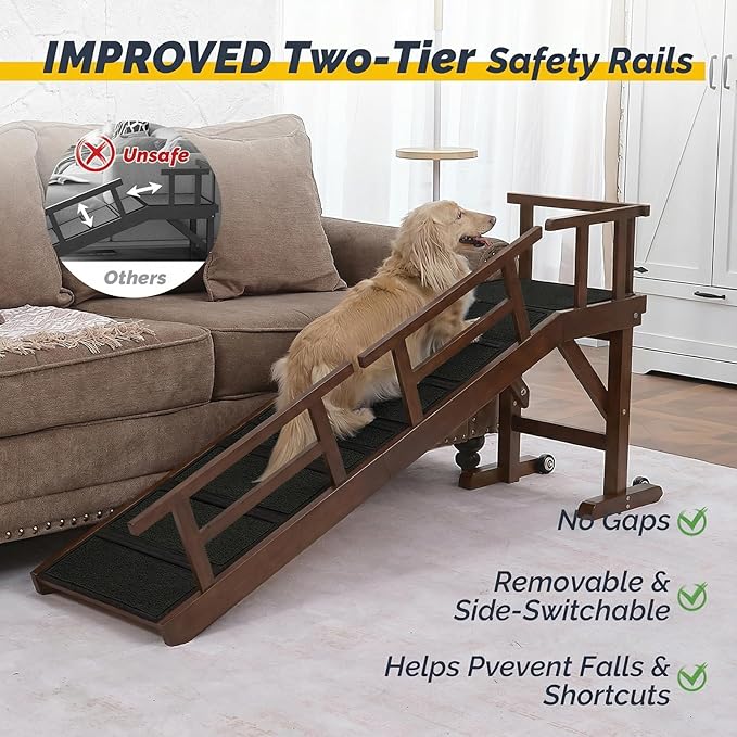 Dog Ramp for Bed or Couch, Wooden Pet Ramp with 20° Gentle Slope, Removable Side Rails, Non-Slip Surface, Top Platform & Wheels, Safe Bed Ramp for Small, Medium & Senior Dogs, 60" Long, Walnut