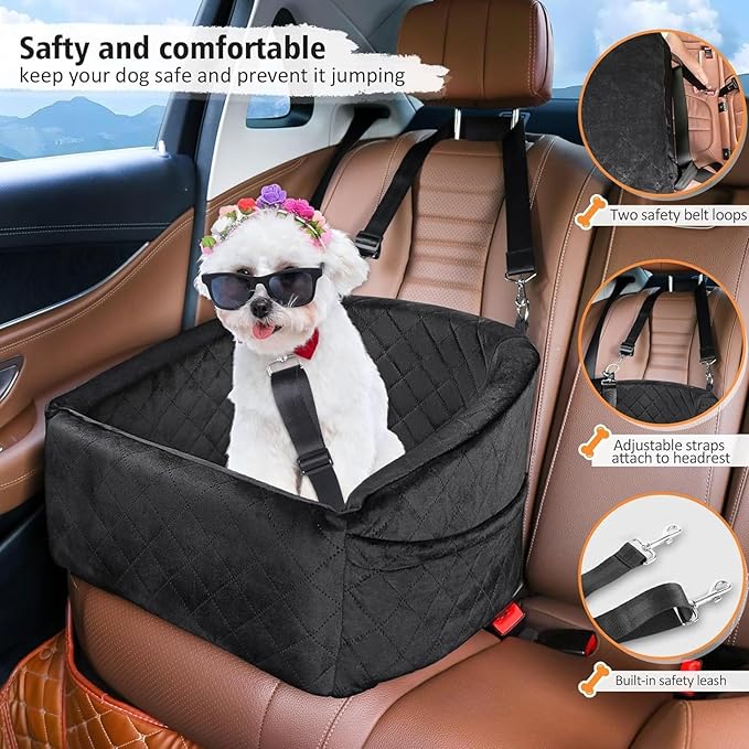 Car Dog Seat for Small Dogs, Extra Stable with Safety Seat Belt, for Back and Front Seat, Black