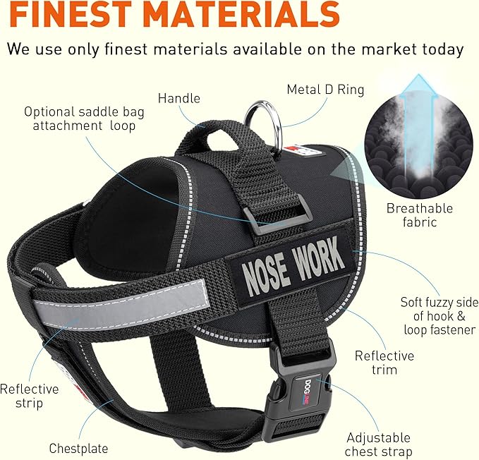 Dogline Vest Harness for Dogs and 2 Removable Nose Work Patches, Small/18 to 25", Black