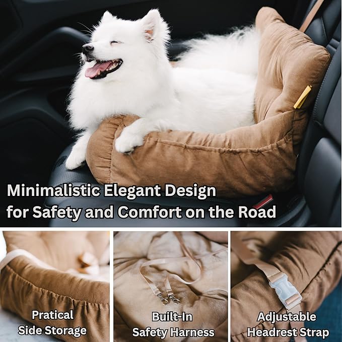 Futon Dog Car Bed for Small Dogs, Safety Seat Belt and Straps, Non-Slippery Bottom, Travel Bed, Elegant Design, Perfect for Dogs Under 25 Lbs