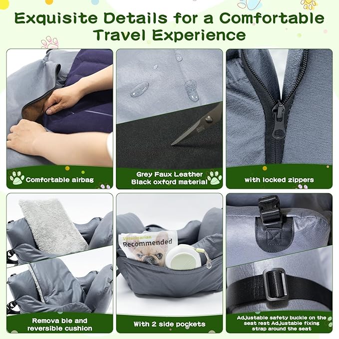 VVICOGARD Dog Car Seats for Small Dogs, Removable Airbag Design Gray Waterproof Pet Booster Seat with Thick Cushion, Washable Travel Doggie Bed Carseat for Small Dog Up to 33 lbs