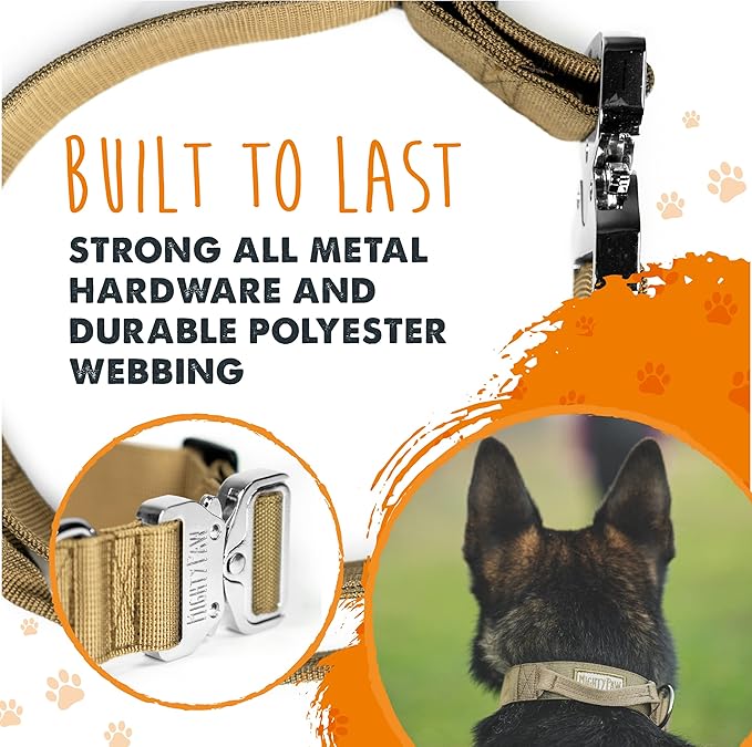 Mighty Paw Tactical Dog Collar - Heavy Duty with Metal Buckle and Control Handle - Weatherproof Polyester Material - Sturdy Metal Dog Collars - Dog Collar for All Dog Breeds - Heavy Dog Collar - Tan