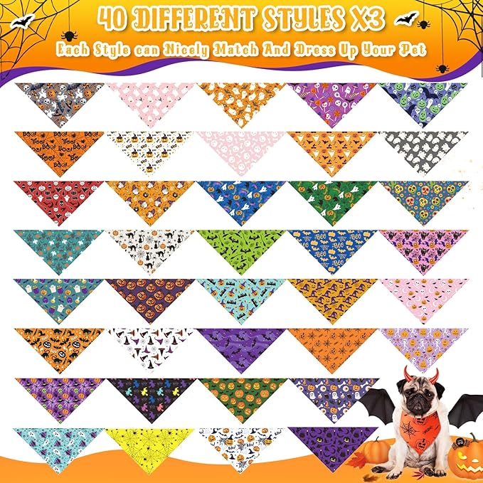 Amylove 120 Pcs Dog Bandanas Bulk Holiday Triangle Dog Pack Puppy Kerchief Bandana Adjustable Pet Scarf for Pet Cat Costume Accessories Decor(Skeleton)