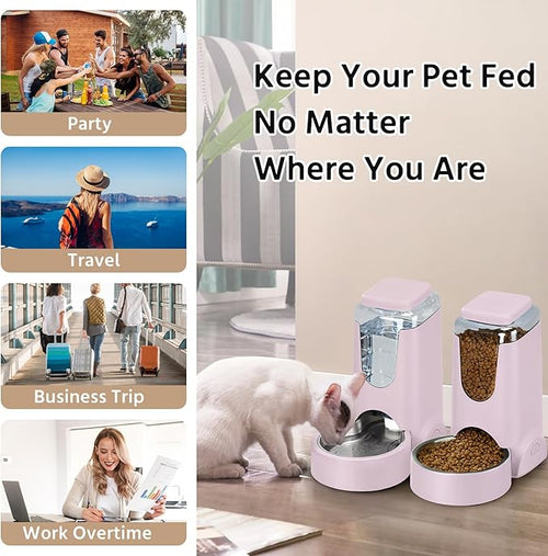 2 Pack Automatic Cat Feeder and Stainless Steel Water Dispenser, Gravity Dog Waterer Set Food Feeder and Waterer Set for Small Medium Kitten Puppy Pets(1 Gallon x 2, Violet)