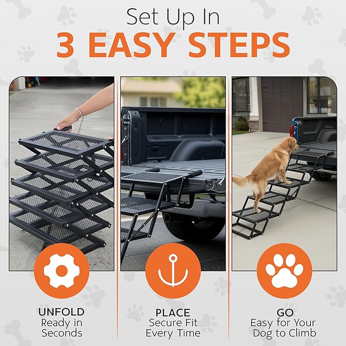 Foldable 5-Step Dog Stairs for Cars, Trucks & SUVs – Heavy-Duty Carbon Steel Pet Ladder Supports 230LB, Non-Slip Metal Mesh, Joint-Friendly Portable Ramp for Large & Small Dogs