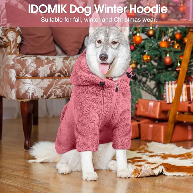 IDOMIK Fuzzy Dog Sweater with Adjustable Hood, Warm Fleece Dog Sweater Hoodie with Harness Hole & Pocket, Pullover Sweaters for Large Dogs, Fuzzy Hooded Sweatshirt for Fall Winter Christmas,Pink,XL
