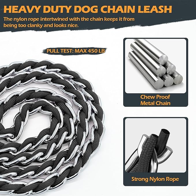 Chew Proof Metal Leash Chain Dog Leash for Medium Large Dogs, Chain Link Anti Chew 4FT Strong Anti Bite Comfortable Soft Padded Handle Black