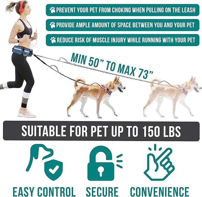 PetAmi Hands Free Dog Leash Belt Bag for Walking, Jogging - Double Zipper Pouch with Poop Bag Dispenser, Dual Padded Handles Reflective Bungee Leash, Single (Navy)
