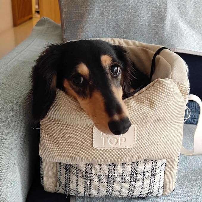Pet Car Seat for Small Dogs & Cats, Large Space with Soft Cushion, Removable Design, Secure Straps, Fits Most Vehicles (Beige Plaid, 9.8 * 17.7 * 9.8inches)