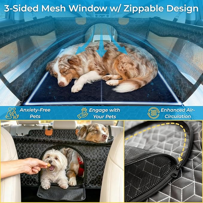 Dog Car Seat for Large Medium Dogs | Waterproof Dog Seat Cover for Back Seat with Hard Bottom | Alloy Twist-Lock Rods | 3 Mesh Windows | Removable Fleece Mat | Cars, SUVs, Trucks