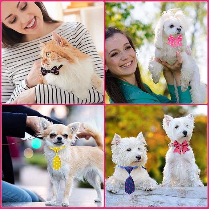 Reginary 100 Pieces Dog Bow Tie Collar Set Include 40 Dog Neckties, and 30 Puppy Bowties, 30 Collar Flowers, Adjustable Pet Ties Grooming for Small Medium Cats Pets Supply(Dot)