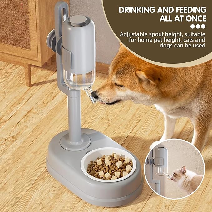 Pet Standing Water Dispenser Cat Dog Standing Ceramic Bowl Automatically Feeding Water Height Adjustable Detachable Pole (White, Large)
