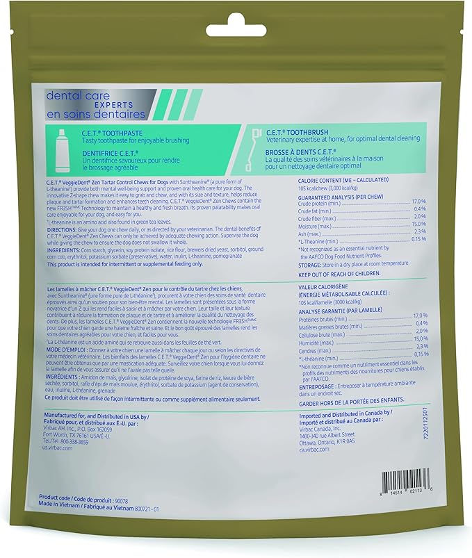 Virbac C.E.T. VEGGIEDENT Zen Tartar Control Chews for Dogs - Large