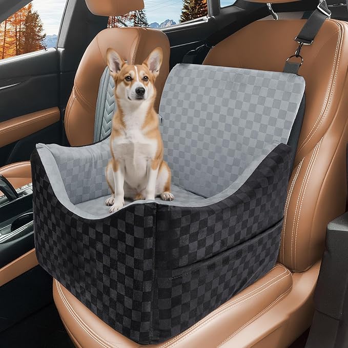 Elevated Dog Car Booster Seat for Smal/Medium Dogs, up to 35 lbs, with Memory Foam, Safety Belts, Detachable Washable Cover and Storage Pockets, Portable Travel-Safe Pet Bed, Gray