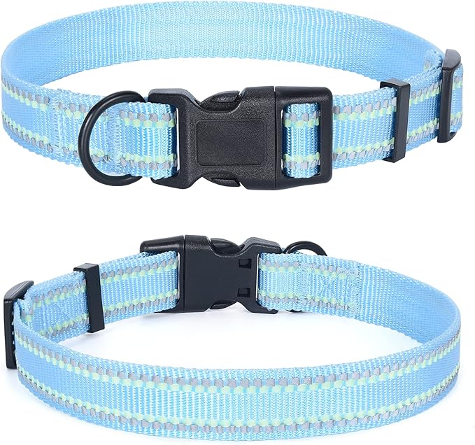 Mile High Life Reflective Dog Collar, Basic Dog Collars Adjustable Quick Release, Soft Nylon Pet Collar with Metal D-Ring for Small Medium Large Dogs (Blue, L Neck15-19")