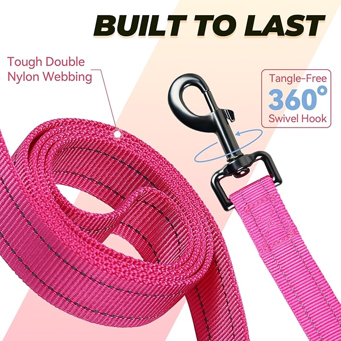 VIVAGLORY Twingrip Dog Leash, Double Handle Dog Leash for Training & Walking with Traffic Handle & 2 Loop, Traffic Control Reflective Heavy Duty for Puppy Pet, 4ft x 1in, Pink