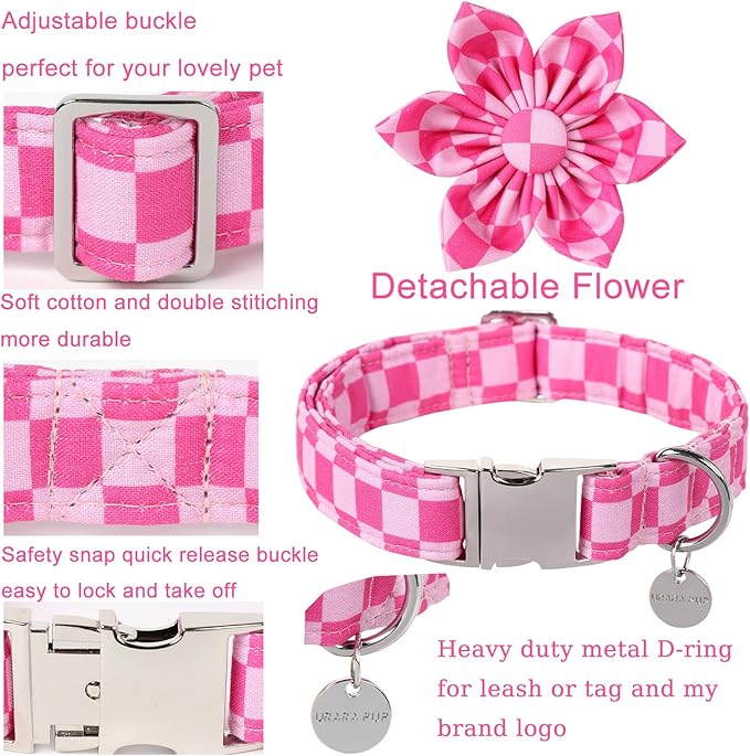 Dog Collar with Flower, UP URARA PUP Cute Pink Dog Bowtie Collar, Detachable Flower Bow Puppy Collar with Metal Buckle for Dogs,XL