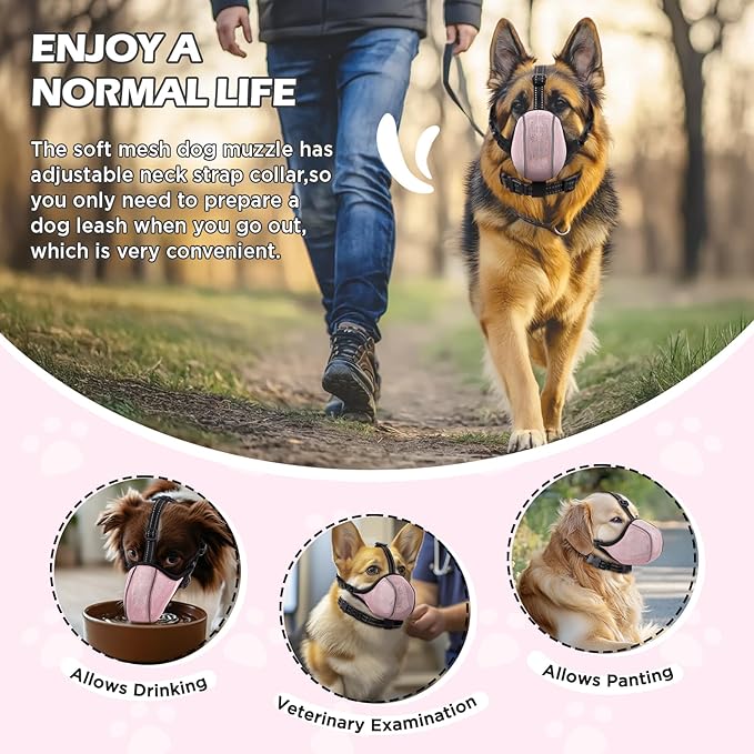 Dog Muzzle - Soft Breathable Mesh Nylon Adjustable Muzzle for Small Medium Large Dogs Prevents Chewing,Biting & Scavenging | Allows Panting, Drinking & Grooming | Secure Collar Strap Design(Pink XL)