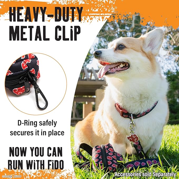 Akatsuki Dog Poop Bag Holder for Leash + 2 Bag Rolls: Officially Licensed Naruto Akatsuki Cloak Inspired Black & Red Clip on Dog Bag Holder Leash Attachment Dog Poop Bag Dispenser & Doggie Waste Bags