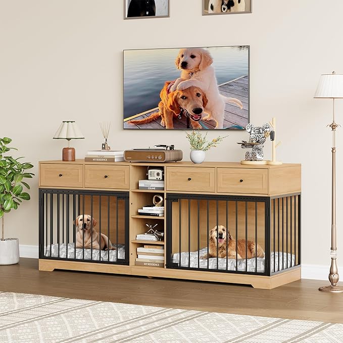 IDEALHOUSE 82” Large Dog Crate for 2 Dogs, Dog Kennel Indoor with 4 Drawers and Shelves, Double Dog Crate Furniture TV Stand, Wooden Dog Cage for Medium Large Dogs, Natural