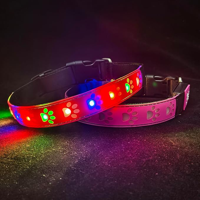 Customlized USB-C led Light up Dog Collar with Waterproof airtag Holder, 4 Modes Running Flashing Light (Pink, L(15.7-19.7"))