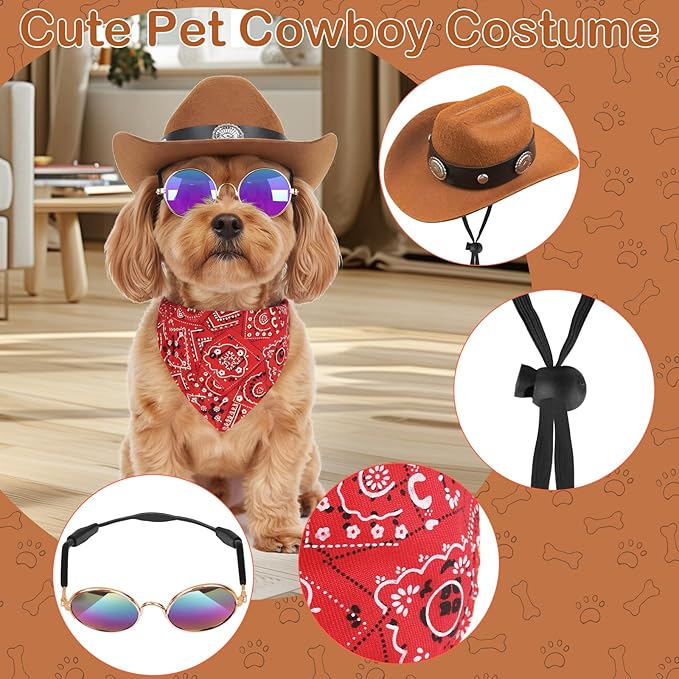 Pet Cowboy Hats Dog Cat Halloween Costumes Cute West Cowboy Hat Bandana Festival Cosplay Accessories (Brown+Red - Medium)