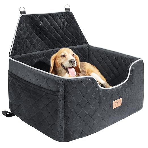 VEVOR Dog Car Seat, Waterproof Dog Booster Seat for Car with Side Handles and a Storage Pocket, Clip-On Safety Leash and PP Cotton Filling, Vehicle Bed for Small Dogs up to 25lbs, Gray
