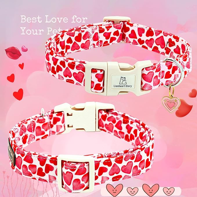Lionheart glory Valentine Collar, Red Hearts Dog Collar for Large Cute Dog Collars Spring Female Pet Gift Adjustable Heavy-Duty Holiday Dog Collar Plastic Buckle