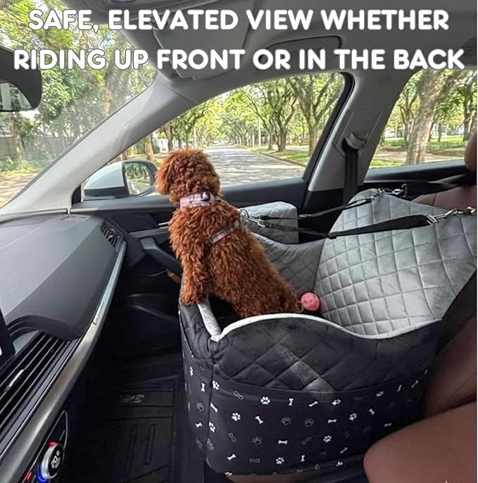 Small Dog Car Seat, Memory Foam Dog Booster Car Seats with Thick Cushion for Medium Dogs Under 35lbs, 3Storage Pockets with Zipper, 2 Safety Belts (Black, Regular)