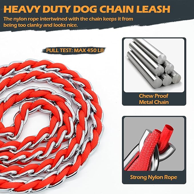 Dog Leash Chew Proof, Chain Leash Anti Chew Dog Leash for Large Dogs Heavy Duty, Indestructible Metal Leash Anti Bite Chain Link with Woven Cord Soft Padded Handle (Red, 5FT)
