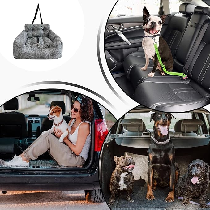 Dog Car Bed - Adjustable Foldable Safety Tether Cushions with Soft Padded Design, Dog Bed Car Seat for Travel Vehicles Summer Winter Trunk Interior Puppy Pet, Comfortable Secure Build