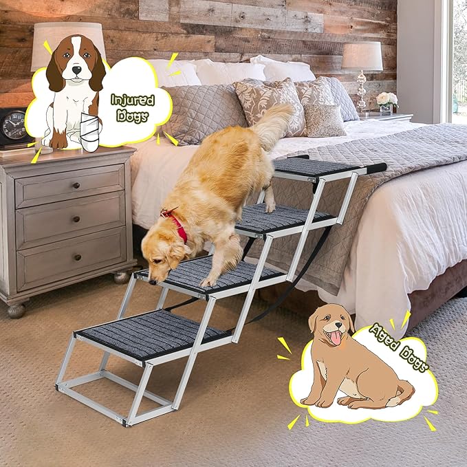 Dog Ramp for Car, Extra Wide Dog Car Stair for Large Dogs, Pet Steps Lightweight Aluminum Foldable Dog Steps for Cars and SUV,High Beds, Trucks, Supports up to 200 lbs (Extra Wide-4 Steps with Rug)
