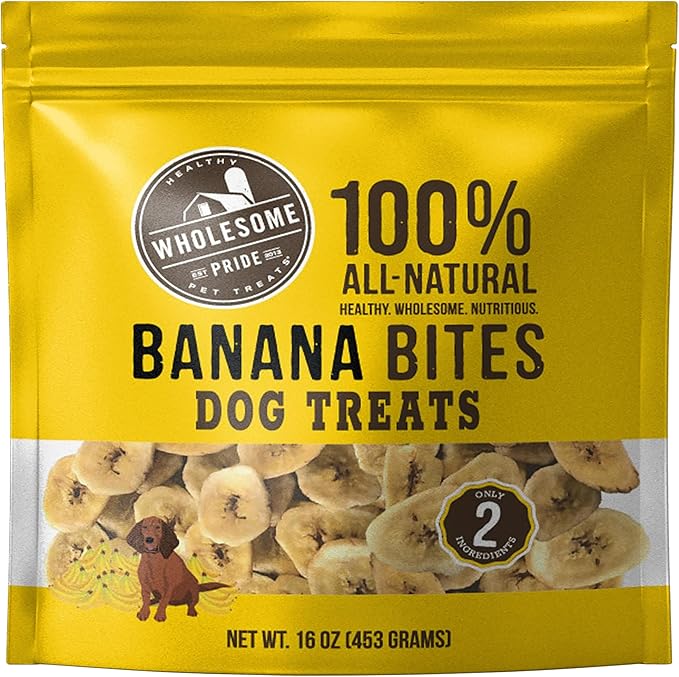 Wholesome Pride Banana Bites Dog Treats – 2-Ingredient Banana Chips for Dogs, Grain-Free, Banana & Coconut Oil, 16 oz