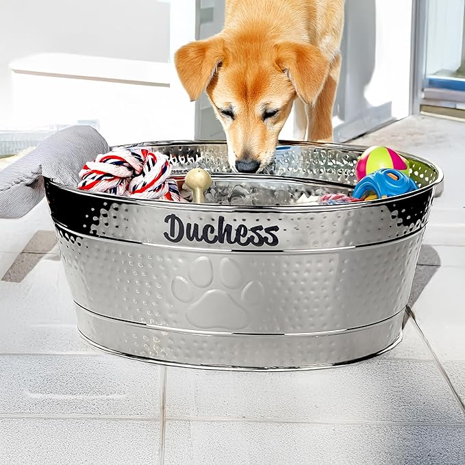 BREKX Personalized Metal Dog Toy Box - StainIess SteeI Storage Bin with Handles, Basket for Pet Toys, Dog Toy Box, Pet Storage - Custom Dog Name Gift