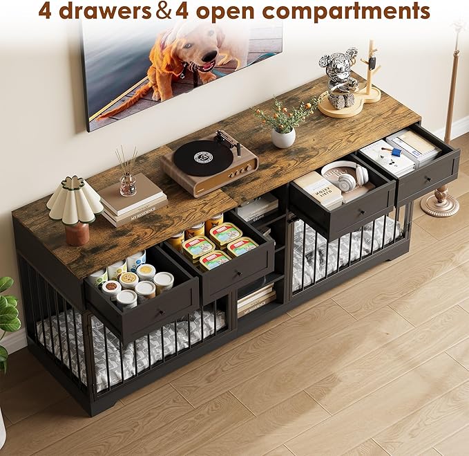 GarveeHome 82" Double Dog Crate Furniture, Large Dog Kennel Indoor for 2 Dogs, Heavy Duty Wooden Dog Crate TV Stand with 4 Drawers and Shelves, Black