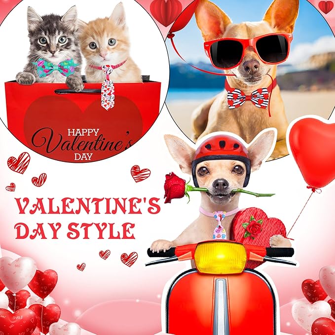 Eccliy 120 Pieces Valentines Day Dog Bow Tie Collar Set Valentines Dog Collar Bows Bulk Adjustable Pet Grooming Neckties for Large Medium Small Pet Cat Holiday Party Decoration Supply