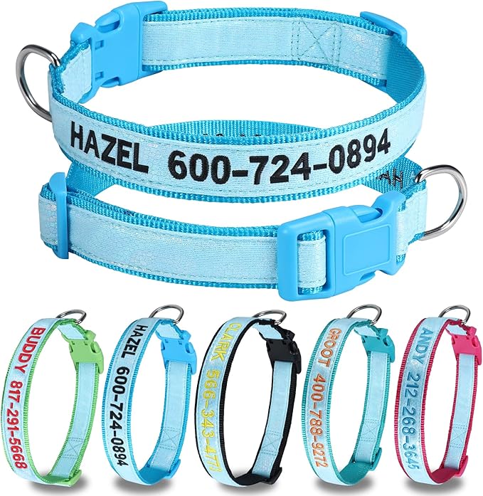 Personalized Glow in The Dark Embroidered Dog Collar, Luminous Custom Dog Collar with Name and Number, Fluorescent Glow Lighted Dog Collars for Night Adjustable Length Fits All Dogs