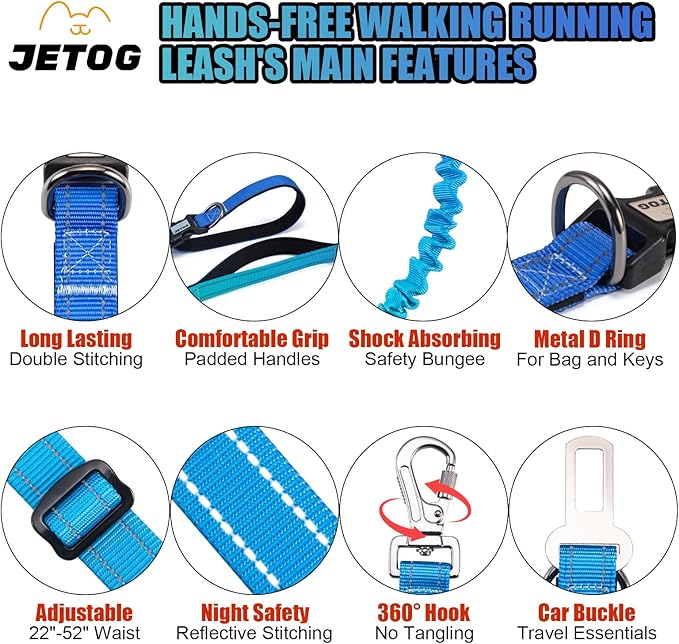 Heavy Duty Hands Free Dog Leash, 4-6 FT Reflective Adjustable Waist Dog Leash Belt with Padded Handles, Shock Absorbing Bungee and Car Seat Belt for Large Medium Dogs (Gradient Cobalt, L)