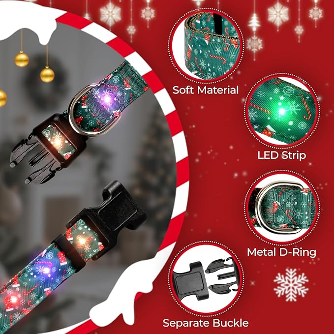 Christmas Light Up Dog Collar, LED Dog Collar Glow in The Dark - USBC Rechargeable, 3 Flashing Modes, Fashionable Cute Glowing Dog Light Up Collars for Medium Large Dogs, Stocking M