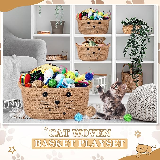 Zopeal 58 Pcs Cat Storage Basket Gift Toys Set, Colorful Flashing Balls Pet Bell Crinkle Balls Spring Toys Attract Cat to Swat, Hunt, Interactive for Pet(Khaki,9.8 Inch)