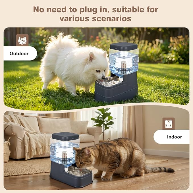 1.1 Gallon Pet Automatic Dog Water Dispenser Cat Gravity Waterer Feeder with Stainless Steel Bowl Large Capacity Puppy Feeding Raised Bowls with Filter,Ice Pack (Charcoal Gray, 4L(1.1 Gallon))
