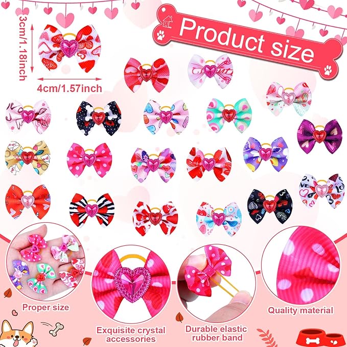 Tondiamo 100 Pack Valentine's Day Hair Bows with Rubber Bands Heart Pattern Puppy Bows for Dogs Spring Ear Rhinestone Pet Hair Grooming Accessories for Small Girl Cats