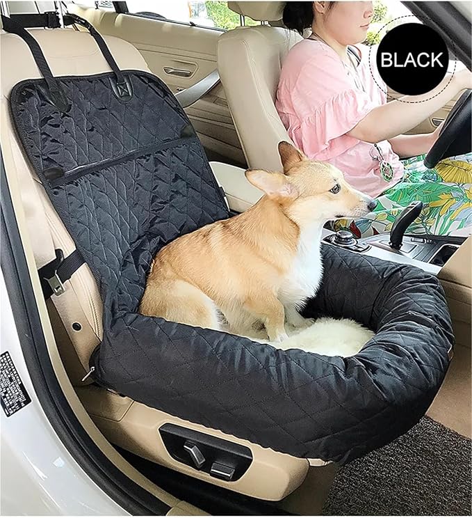 Dog Car Seat Booster for Small Dogs and Cats, Waterproof Quilted Nylon Pet Travel Bed, Durable Anti-Slip Car Seat Protector, Beige/Black/Grey, 60x50x18cm(Black)