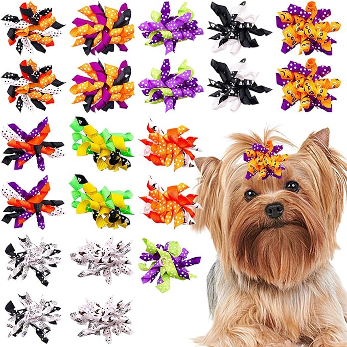 PET SHOW 20pcs/10pairs Curly Dog Hair Bows with Rubber Bands for Small Medium Dogs Spiral Puppy Swirl Topknot Cat Festival Hair Accessories Pet Favor Gift (Halloween Styles)
