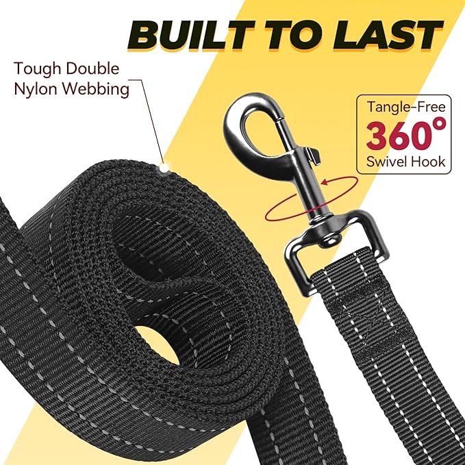 VIVAGLORY Twingrip Dog Leash, Double Handle Dog Leash for Training & Walking with Traffic Handle & 2 Loop, Traffic Control Reflective Heavy Duty for Puppy Pet, 4ft x 1in, Black