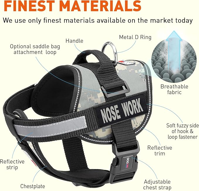 Dogline Unimax Dog Harness Vest with Nose Work Patches Adjustable Straps Breathable Neoprene for Identification Training Dogs Girth 18 to 25 in Urban Camo