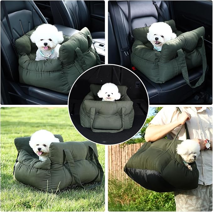 Small Dog Car Seat Up to 15lbs - Pet Travel Bed Booster with Storage, Safety Tether, Anti-Slip Bottom for Cars(Green)